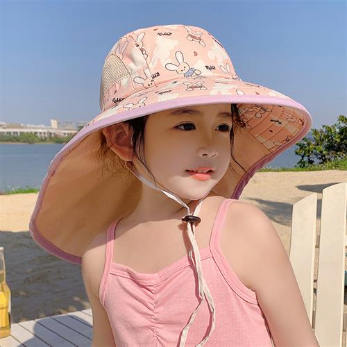 儿童防晒帽子夏季春游遮脸uv防紫外线帽女童宝宝遮阳帽护脖渔夫帽