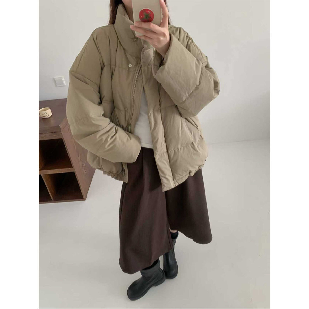 韩版简约立领面包羽绒服宽松保暖双口袋拉链短款开衫上衣冬季ZMC