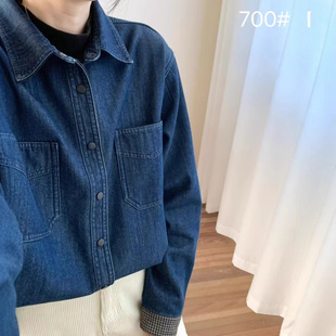 格子拼接水洗牛仔衬衫外套女加绒加厚秋冬一体绒复古日系衬衣夹克