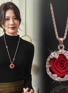 红色玫瑰花吊坠长款毛衣链女挂件
