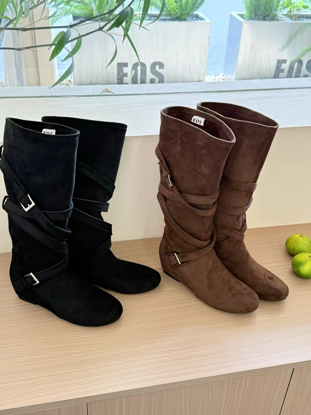 209-7/GX924-9新款复古绒面韩系圆头扣带柔软褶皱显瘦高筒靴女秋