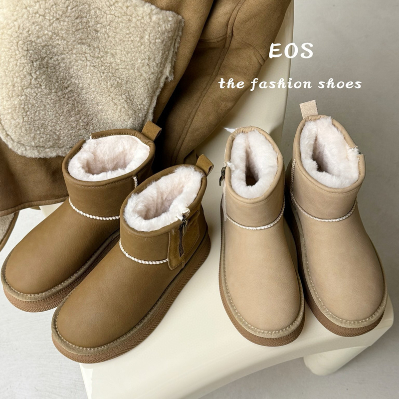 EOS厚底真皮雪地靴女2024冬新款套筒加厚保暖短筒加绒棉靴9205-1