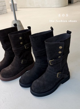 。25210-1加绒磨砂皮带扣两穿中筒靴2025西部牛仔短靴厚底马丁靴