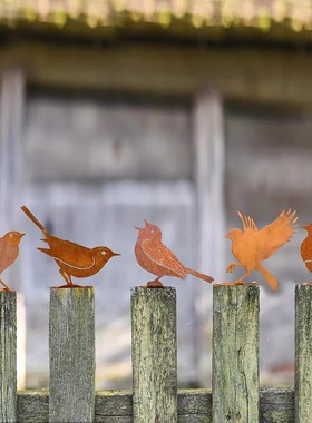生锈的五只鸟剪影金属园艺铁艺庭院花园螺丝摆件雕塑装饰围栏木桩