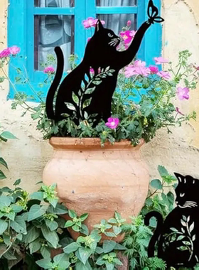 2只黑色猫咪剪影铁艺摆件户外草坪装饰花园桩庭院盆景插件猫雕塑