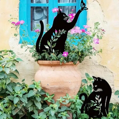 2只黑色猫咪剪影铁艺摆件户外草坪装饰花园桩庭院盆景插件猫雕塑