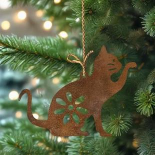 圣诞节猫咪生锈铁艺装饰吊件宠物猫纪念品阳台庭院装饰挂件怀旧