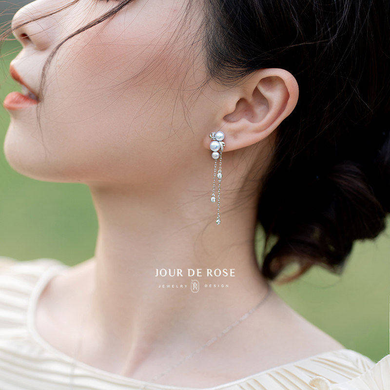 《风吟》透着仙气儿～天然淡水珍珠S925银耳钉耳线耳环法式复古