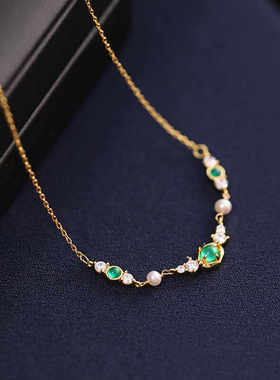 《橄榄叶》复古设计感新中式气质天然珍珠绿玛瑙纯银锁骨项链女