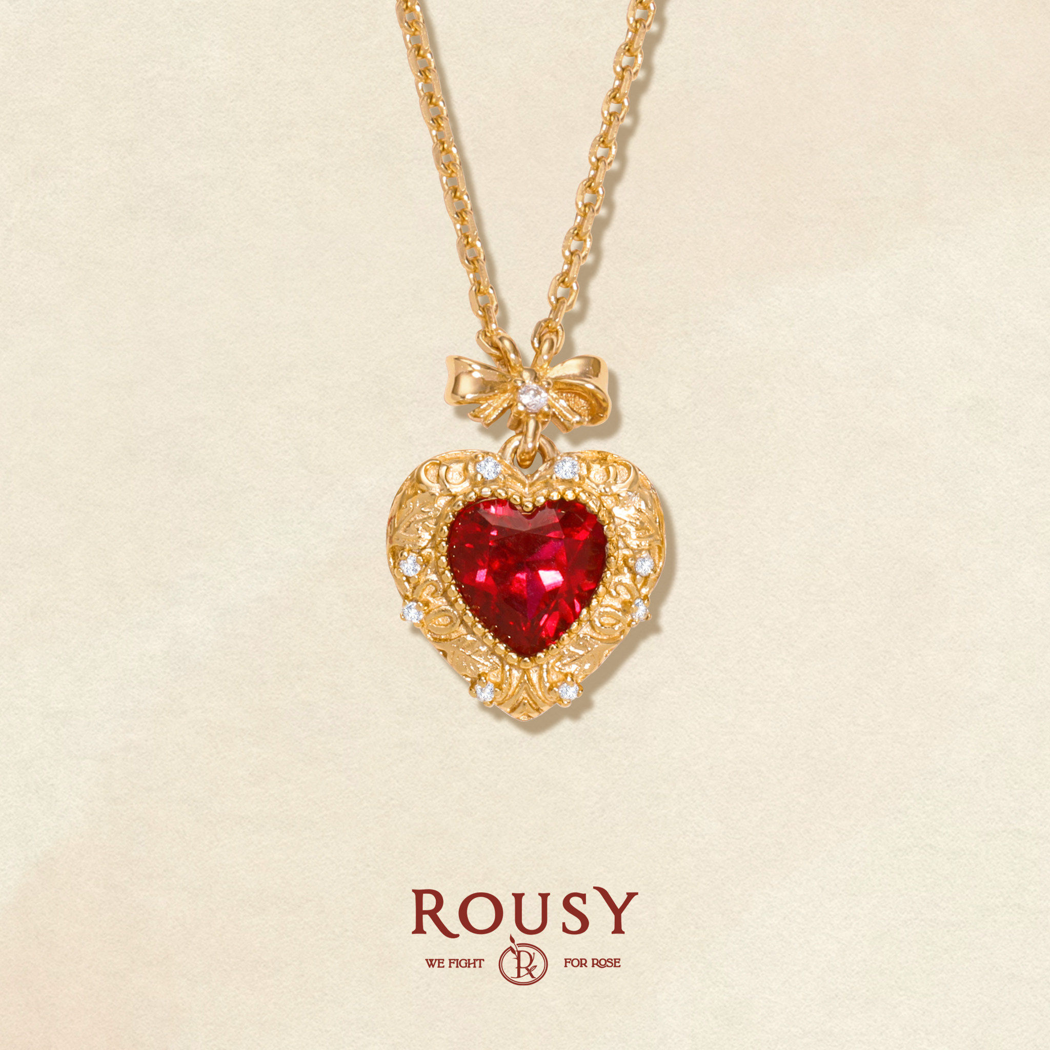 轻奢线·《樱桃匣子》培育鸽血红宝石复古设计爱心纯银锁骨项链女 - ROUSY出品