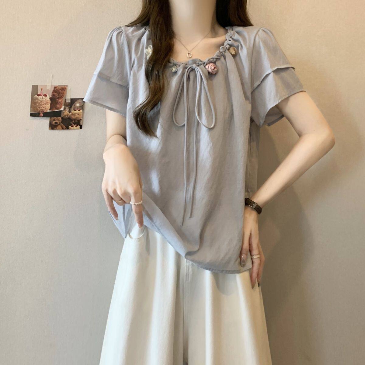 大码女装法式遮肚子小香风短袖衬衫女夏季胖妹妹宽松显瘦雪纺上衣