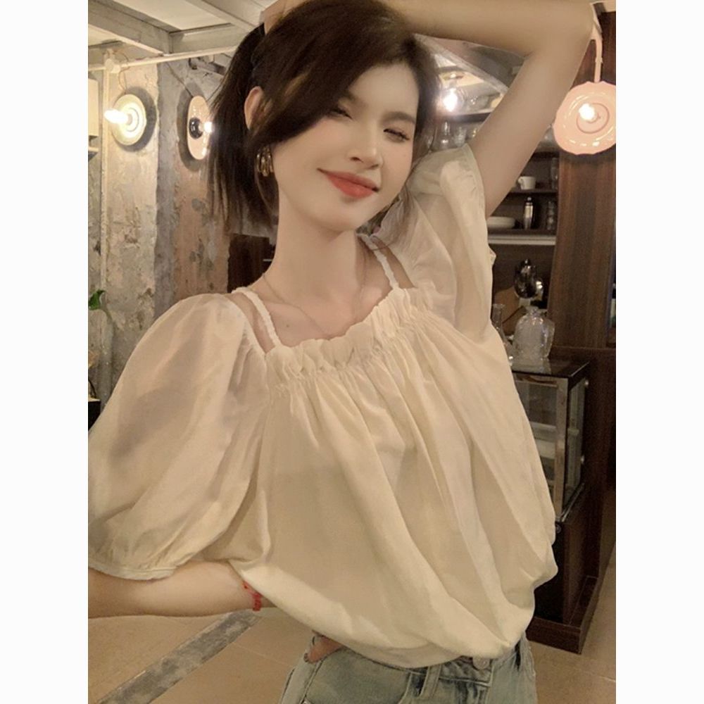 一字肩泡泡袖衬衫女夏季洋气漂亮减龄衬衣超仙美蓬蓬雪纺娃娃衫