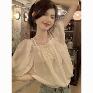 一字肩泡泡袖衬衫女夏季洋气漂亮减龄衬衣超仙美蓬蓬雪纺娃娃衫