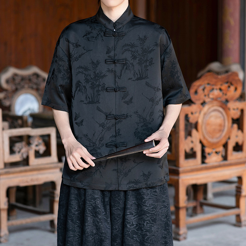 风男士提花短袖盘扣衬衫电商A100-2803-P60,男装T恤,电商A100