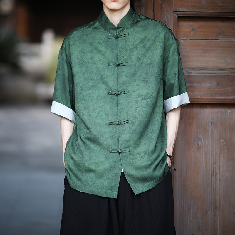 风新中式短袖盘扣衬衫压花复古上衣A100-C327-P65,男装衬衫,电商A100