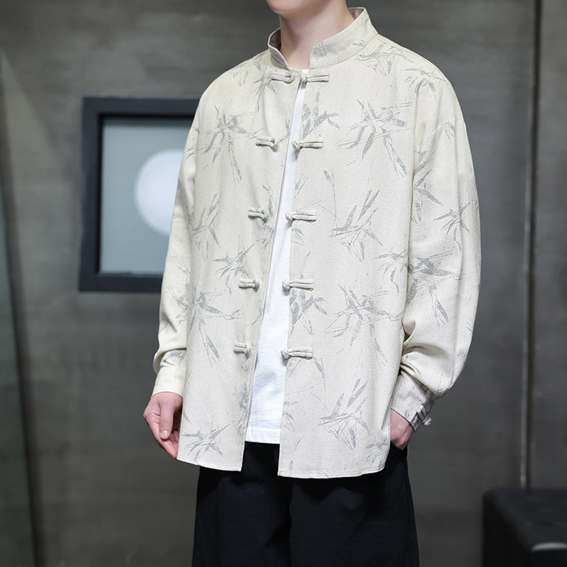 亚麻风新中式男装长袖衬衫竹子印花电商A100-M111-P85,男装衬衫,电商A100