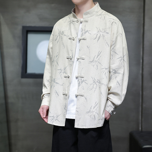 亚麻风新中式男装长袖衬衫竹子印花电商A100-M111-P85图片