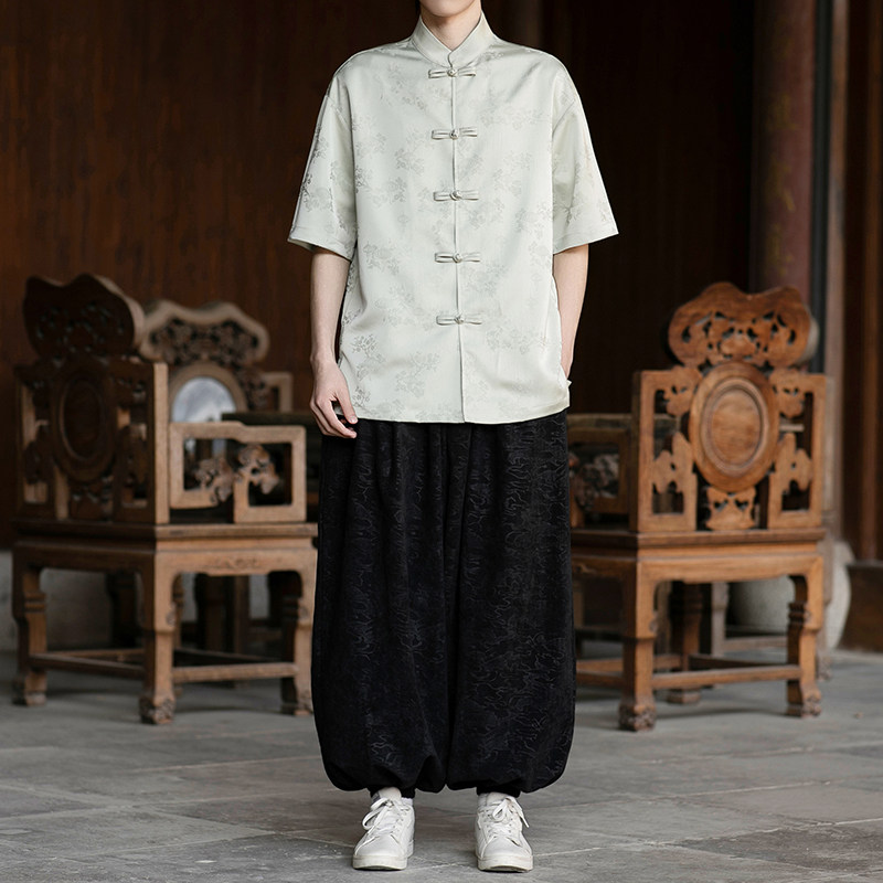 风唐装盘扣提花短袖纯色衬衫电商A100-2807-P65，男装T恤，电商A100