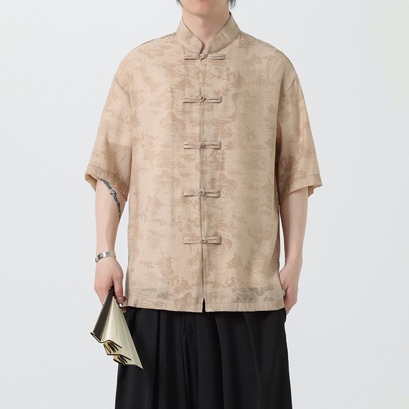 夏季薄款风男唐装立领宽松休闲短袖衬衫暗花套装A100-231-P65,男装民族服装,电商A100