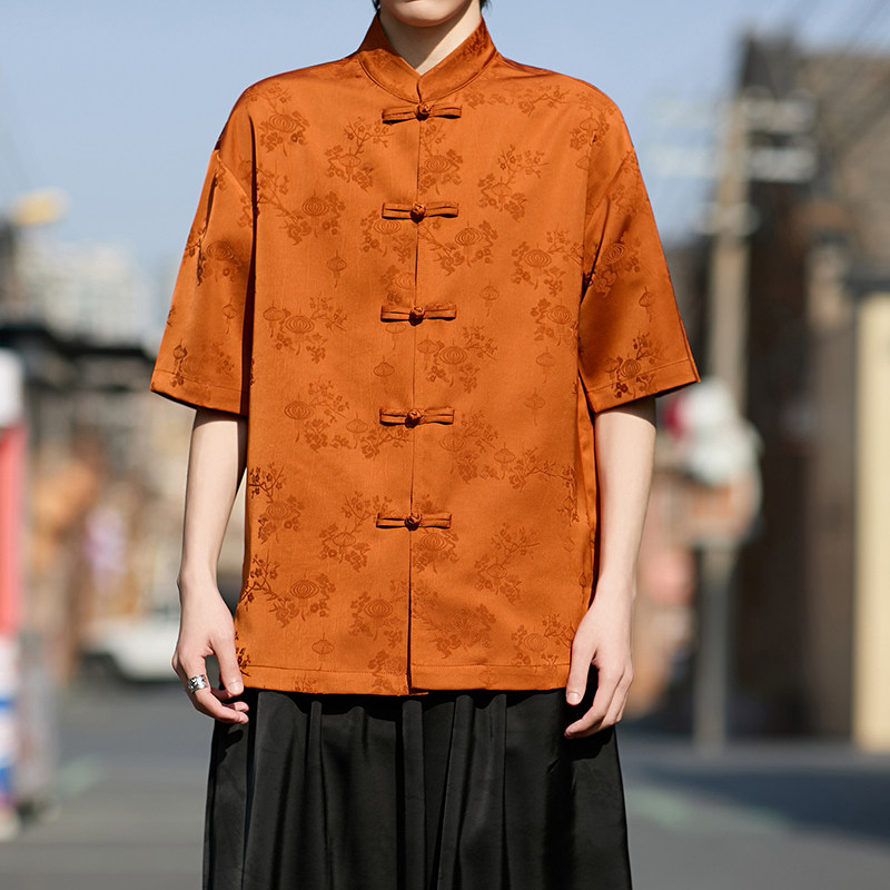 风唐装盘扣提花短袖纯色衬衫电商A100-2807-P65,男装T恤,电商A100