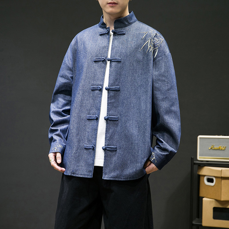 风男士长袖牛仔绣花盘扣衬衫加大加码电商A100-C10-P65,男装民族服装,电商A100