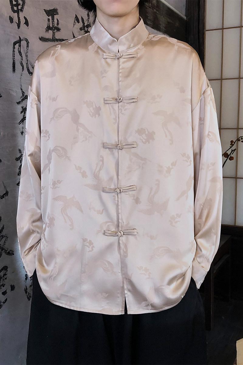风新中式压花凤凰汉服长袖盘扣衬衫A100-C331-P65,男装衬衫,电商A100