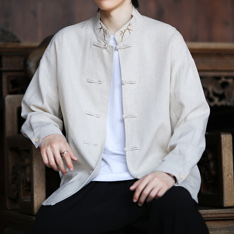 风新中式亚麻盘口刺绣衬衫电商A100-C90-P70，男装民族服装，电商A100