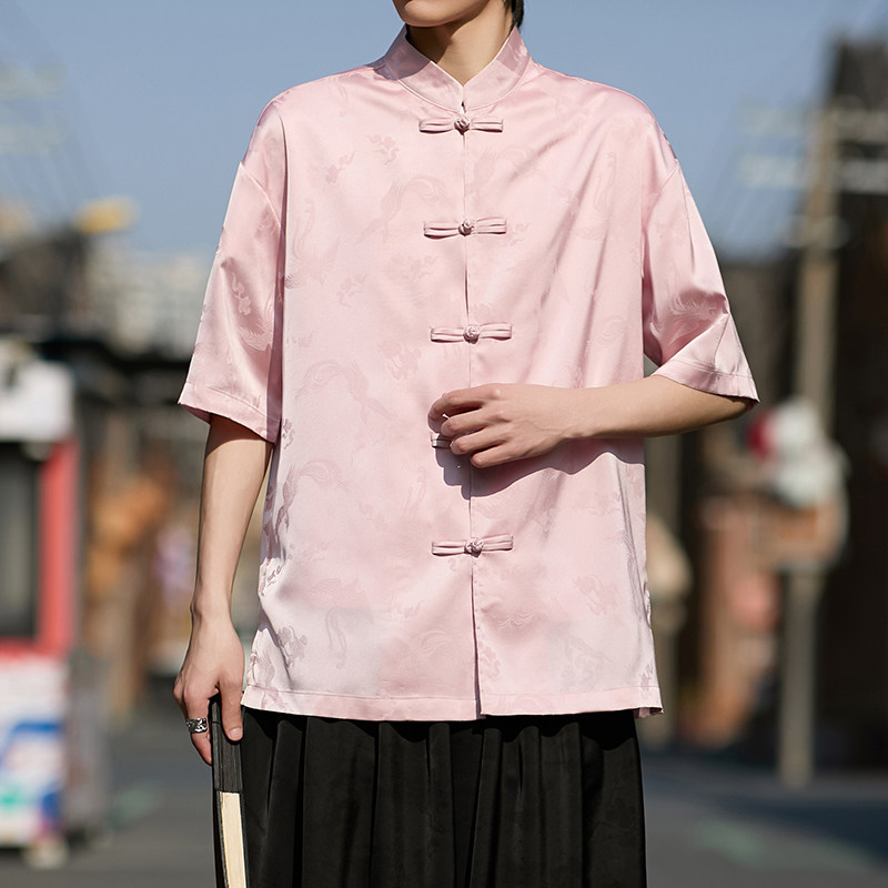 粉色提花男士风唐装衬衫盘扣电商A100-2801-P60,男装衬衫,电商A100
