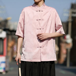 粉色提花男士风唐装衬衫盘扣电商A100-2801-P60