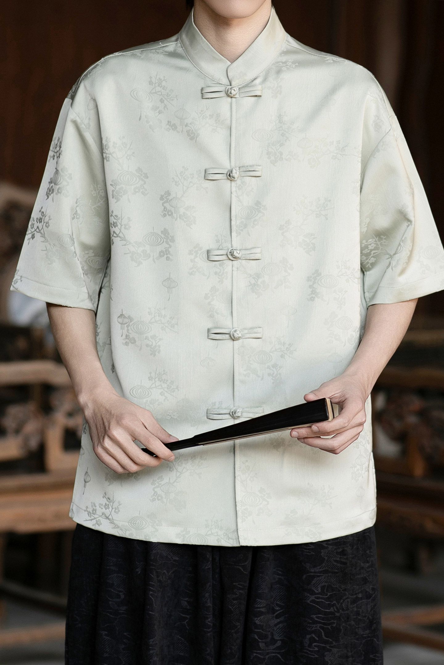 风唐装盘扣提花短袖纯色衬衫电商A100-2807-P65,男装T恤,电商A100