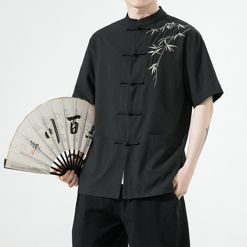 复古刺绣唐装男风夏季薄款冰丝短袖衬衫中式汉服宽松大码G103,男装民族服装,电商A100