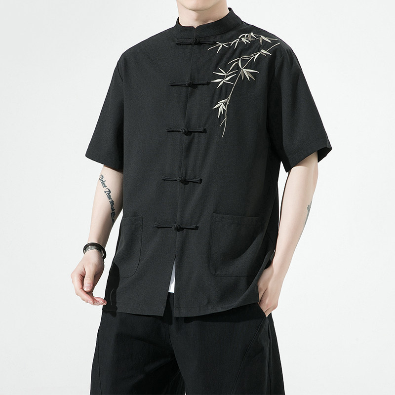 复古刺绣唐装男风夏季薄款冰丝短袖衬衫中式汉服宽松大码G103，男装T恤，电商A100