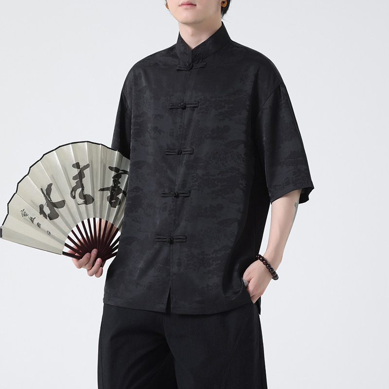 夏季薄款大码男士风唐装手工盘扣短袖衬衫A100-237-P65图片