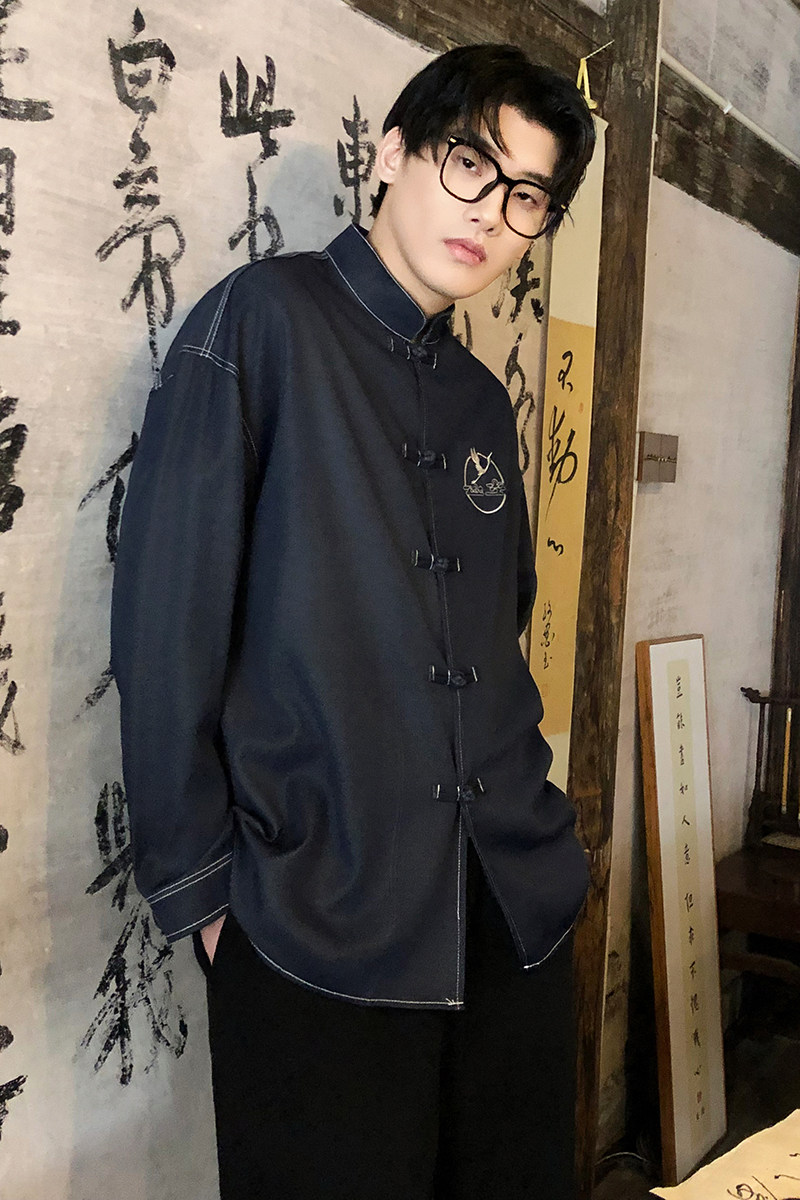 风新中式牛仔衬衫刺绣复古长袖上衣电商A100-C333-P65,男装衬衫,电商A100
