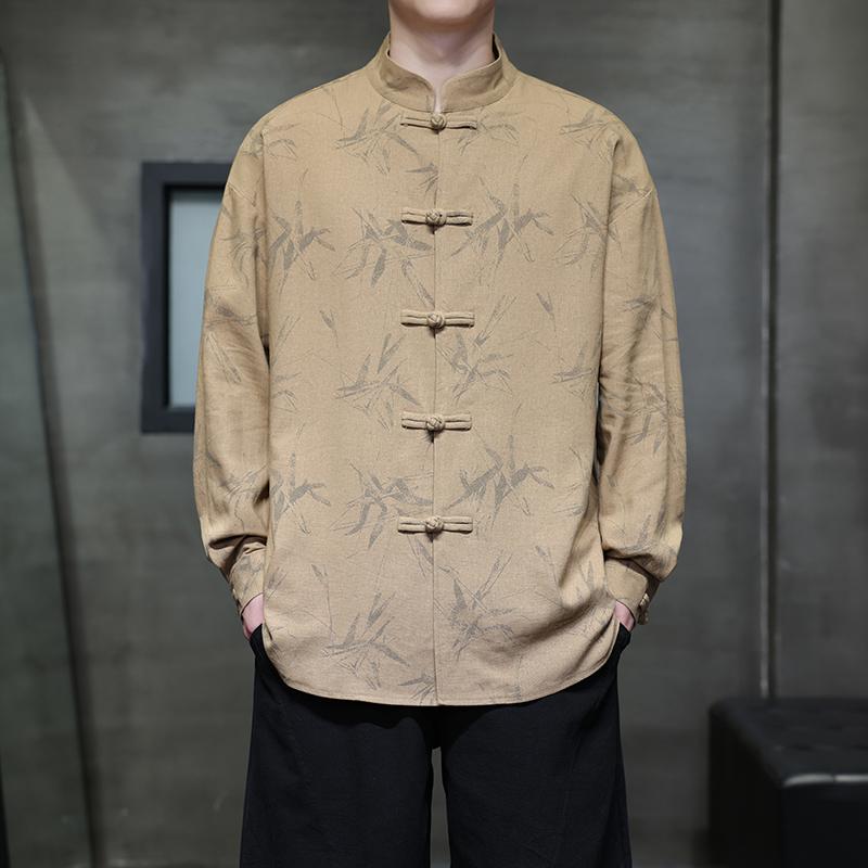 亚麻风新中式男装长袖衬衫竹子印花电商A100-M111-P85,男装民族服装,电商A100
