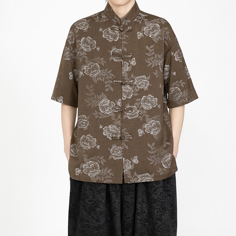 风中式牛仔提花短袖盘扣衬衫电商A100-2808-P75图片