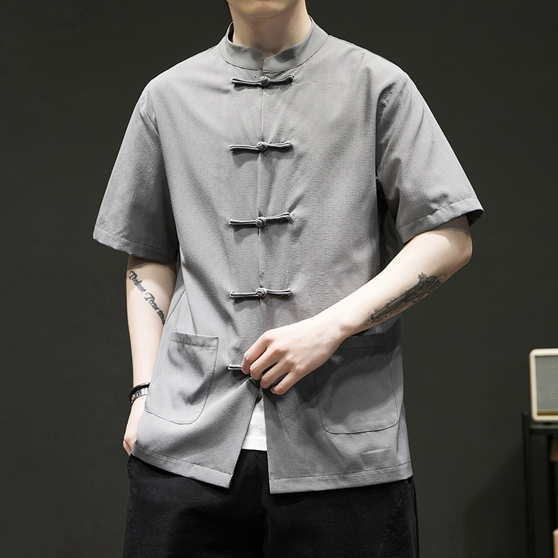 夏季竹节免烫立领衬衣盘扣半袖风复古电商A100-G100-P60限78，男装T恤，电商A100