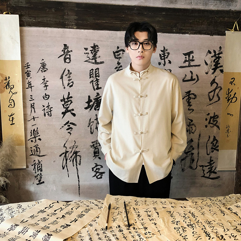 风新中式亚麻刺绣盘口衬衫休闲惬意风电商A100-C90-P70,男装衬衫,电商A100