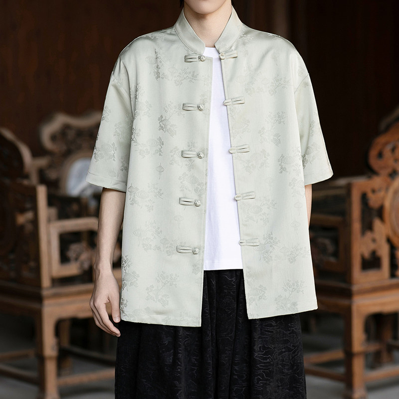 风唐装盘扣提花短袖纯色衬衫电商A100-2807-P65，男装T恤，电商A100