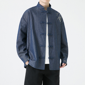 风男士长袖牛仔绣花盘扣衬衫加大加码电商A100-C10-P65图片