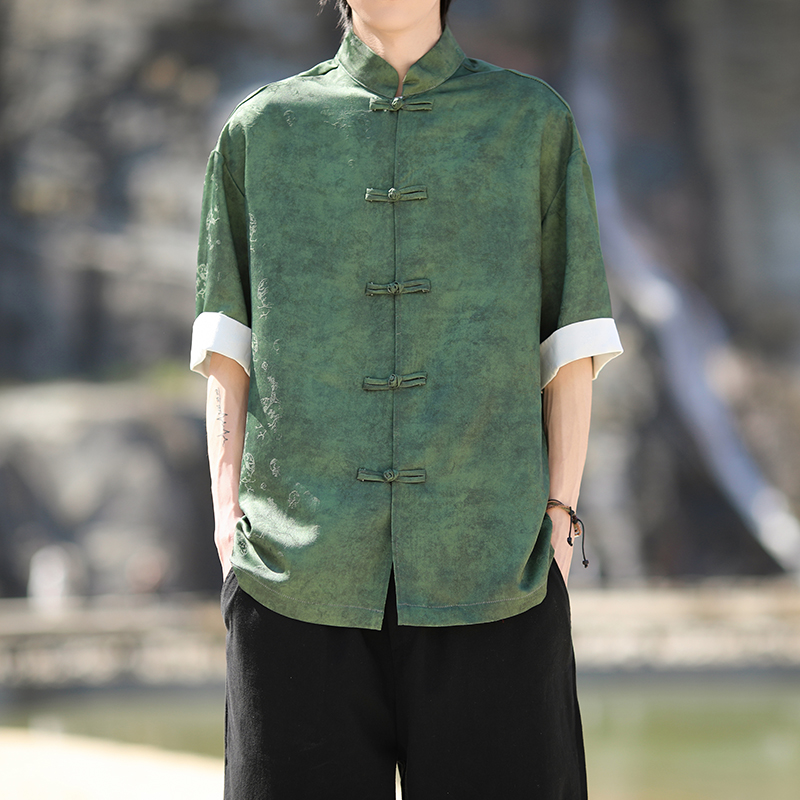 风新中式短袖盘扣衬衫压花复古上衣A100-C327-P65，男装衬衫，电商A100