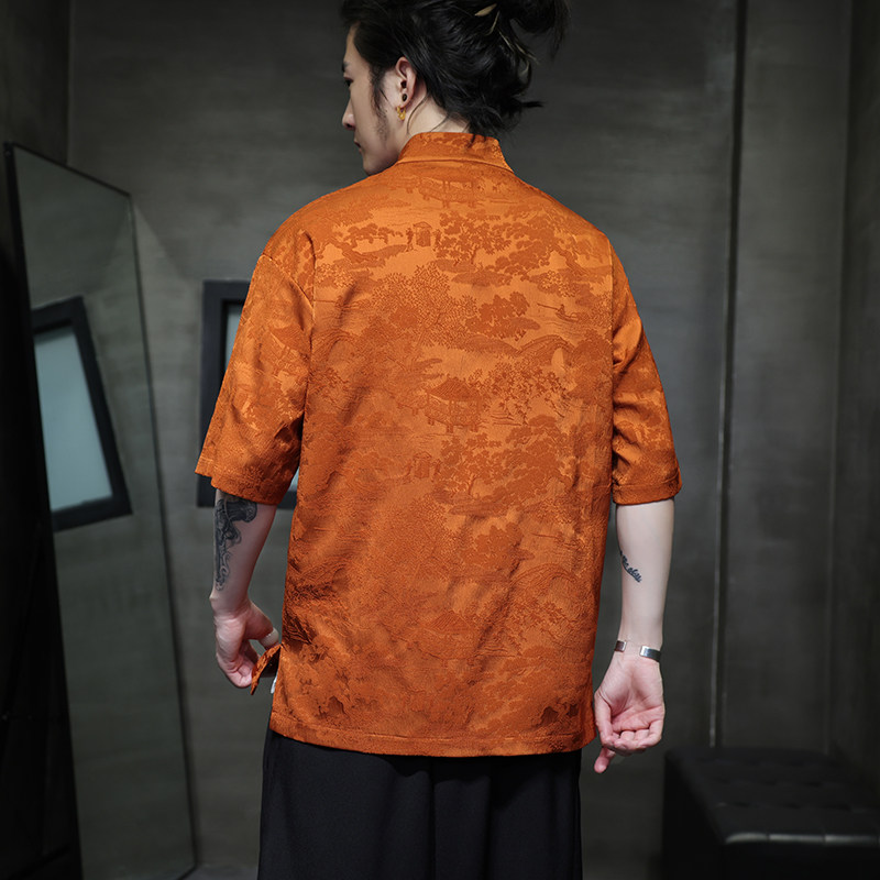 新中式盘扣唐装衬衫高级感短袖汉服暗纹立领中山装A00-239-P65,男装T恤,电商A100