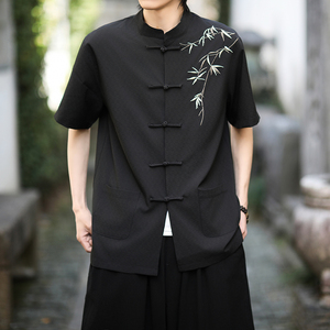 复古刺绣唐装男风夏季薄款冰丝短袖衬衫中式汉服宽松大码G103图片