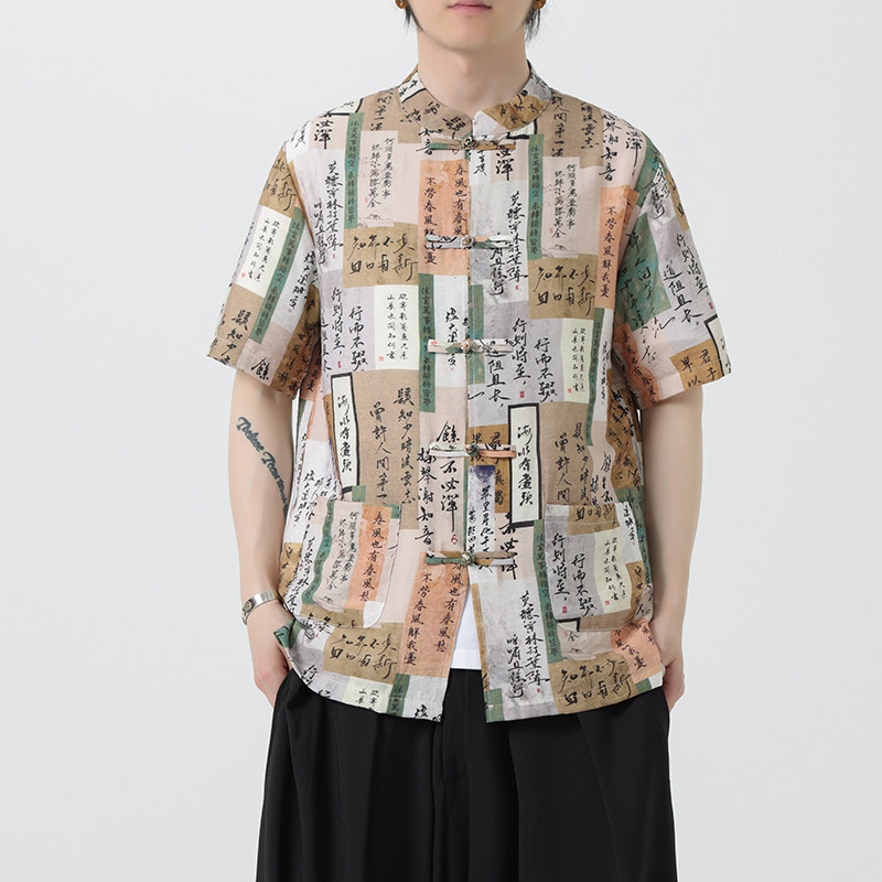 风夏季盘扣休闲短袖花衬衫潮流宽松青年衬衣A100-257-P55,男装T恤,电商A100