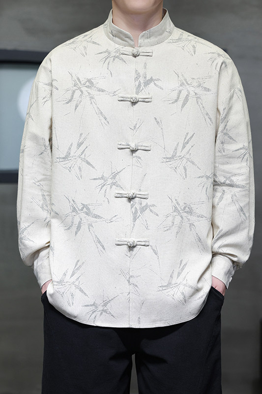 亚麻风新中式男装长袖衬衫竹子印花电商A100-M111-P85,男装衬衫,电商A100