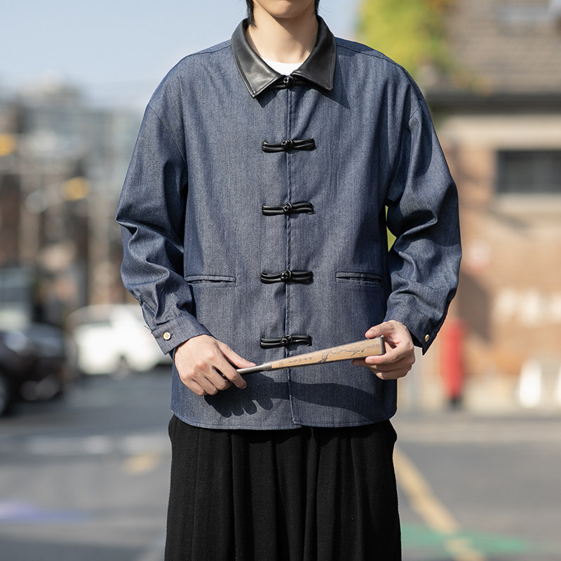 新中式牛仔唐装风长袖夹克复古盘扣宽松大码外套A100-C33-P75,男装工装外套,电商A100