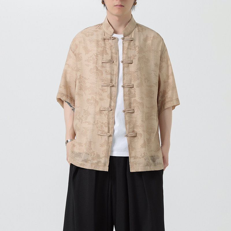 夏季薄款风男唐装立领宽松休闲短袖衬衫暗花套装A100-231-P65,男装民族服装,电商A100