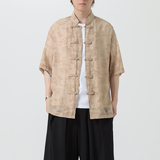 夏季薄款风男唐装立领宽松休闲短袖衬衫暗花套装A100-231-P65，男装民族服装，电商A100