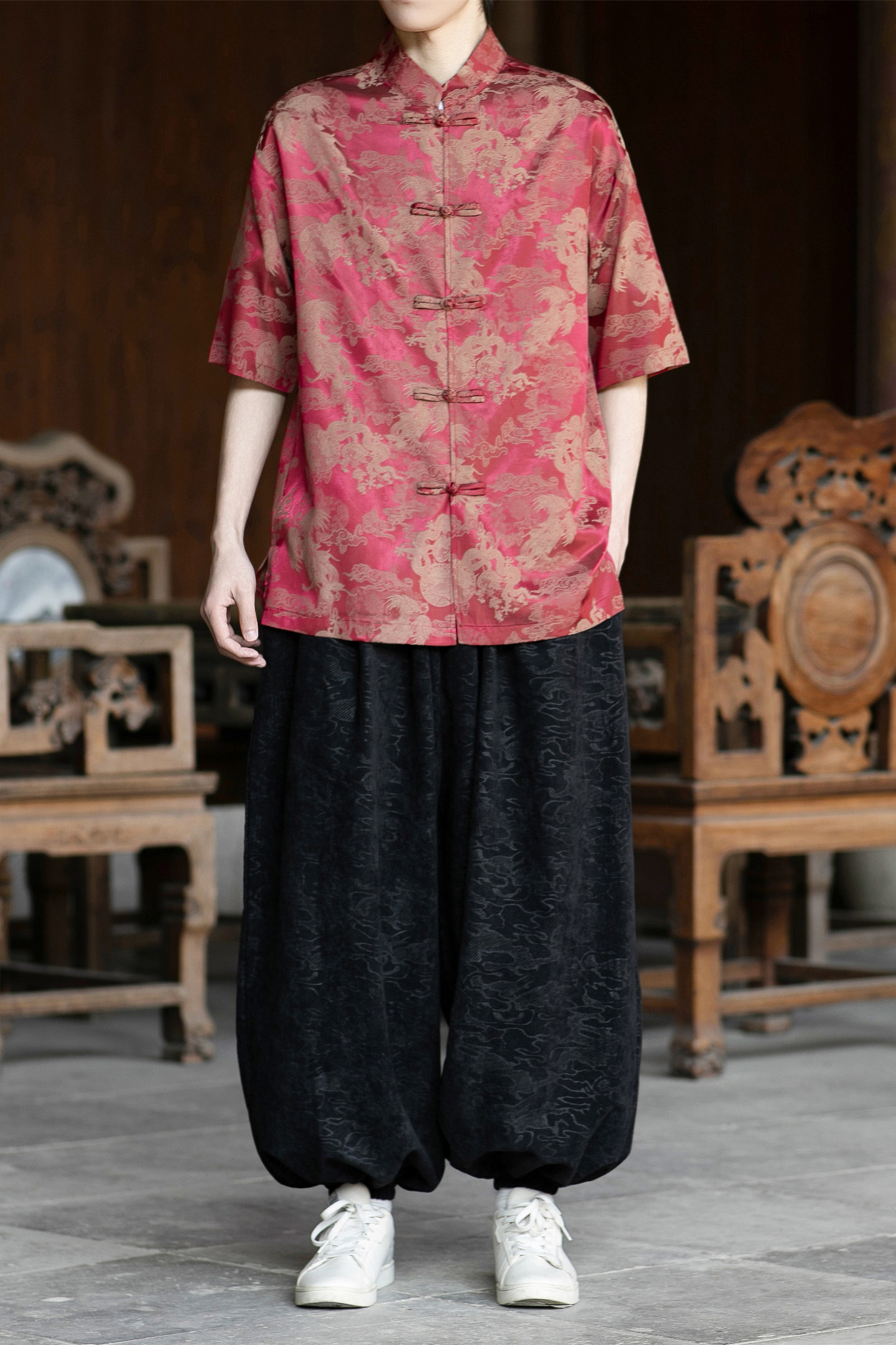 风提花唐装男士短袖衬衫盘扣新中式电商A100-2802-P65,男装T恤,电商A100