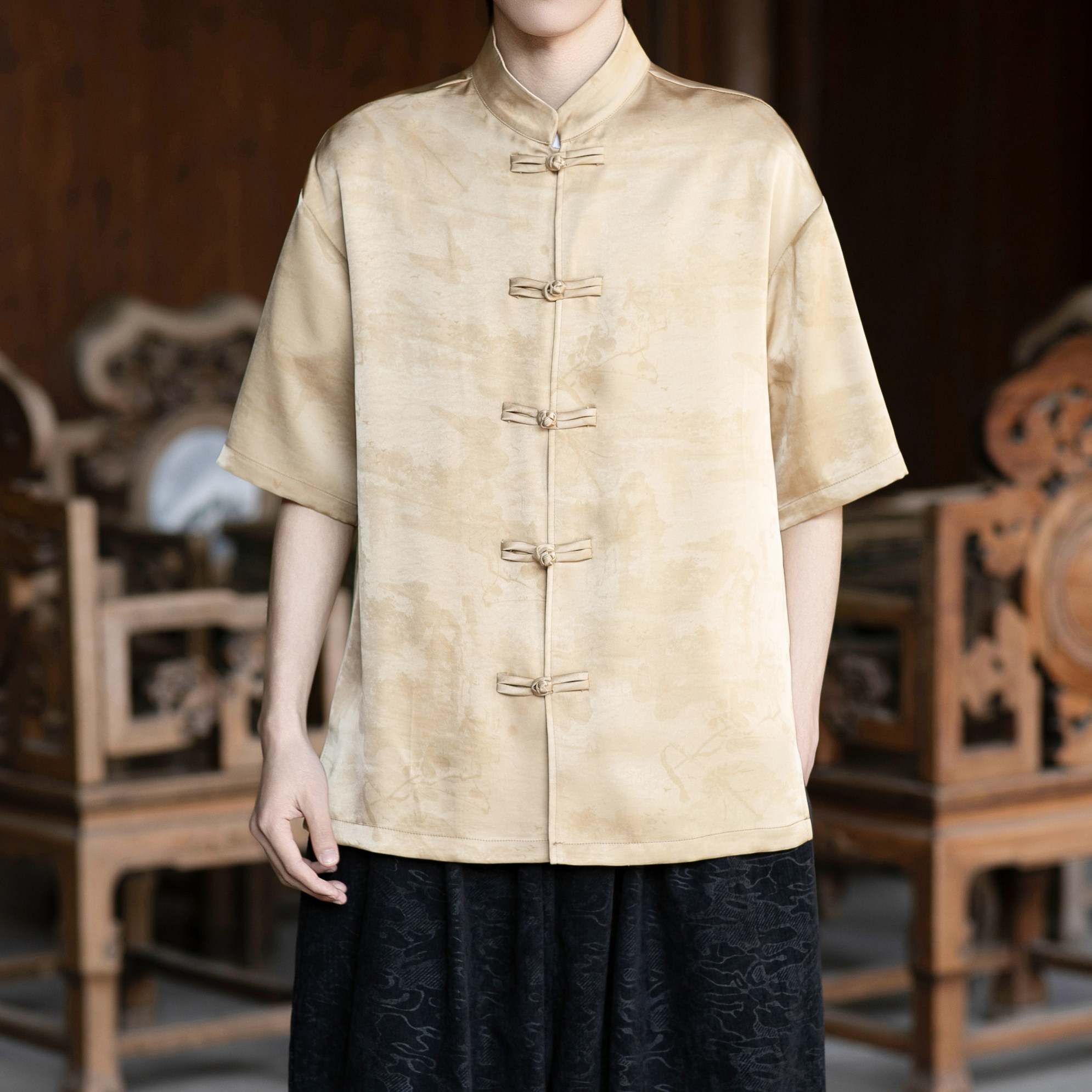 风唐装新中式短袖盘扣衬衫A100-2811-P65，男装T恤，电商A100